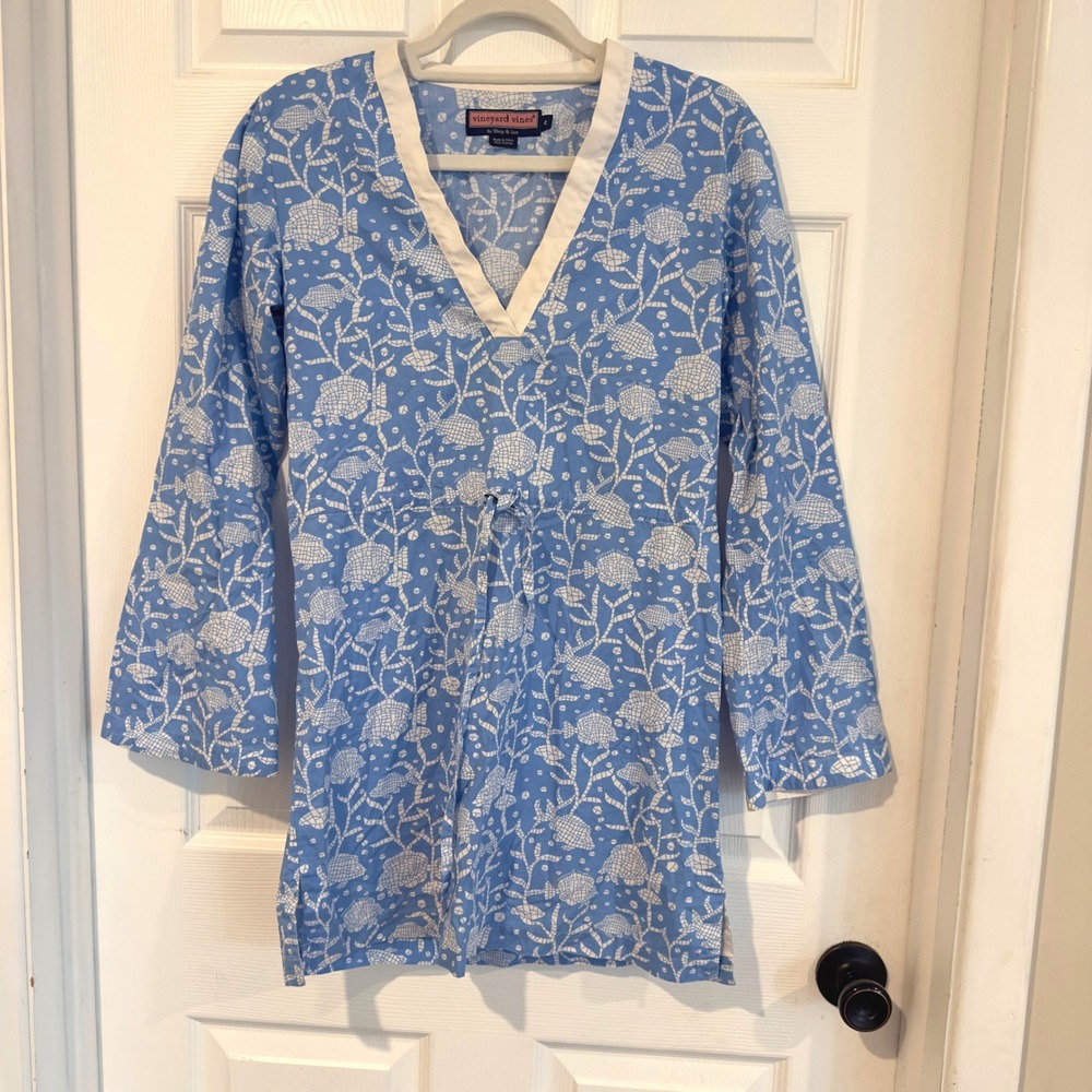 Vineyard Vines Blue White Fish Coral Cotton Tunic Top Size 4 Drawstring Waist